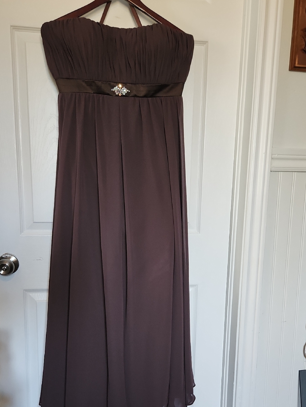 Mari Lee Strapless Chocolate Brown Chiffon Gown with Jeweled Sash Sz 17/18